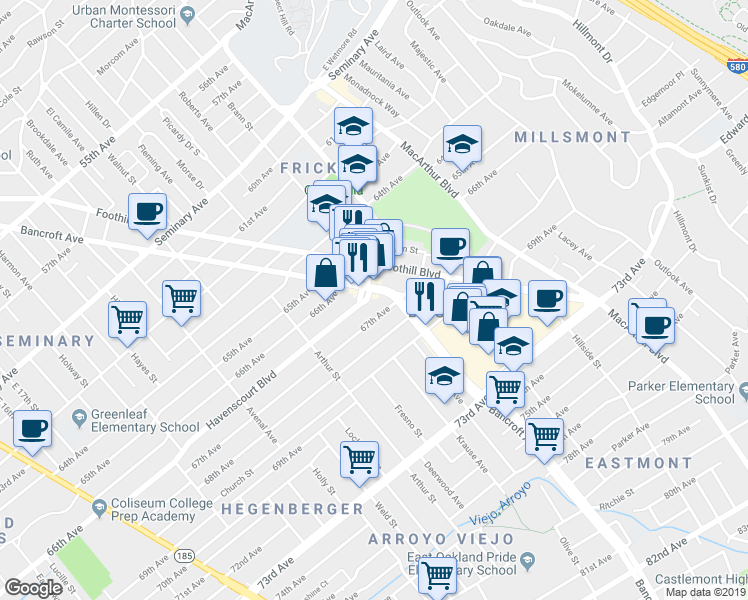 map of restaurants, bars, coffee shops, grocery stores, and more near 2731 68th Avenue in Oakland