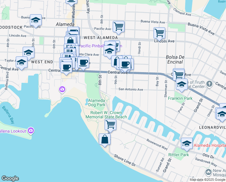map of restaurants, bars, coffee shops, grocery stores, and more near 850 Portola Avenue in Alameda