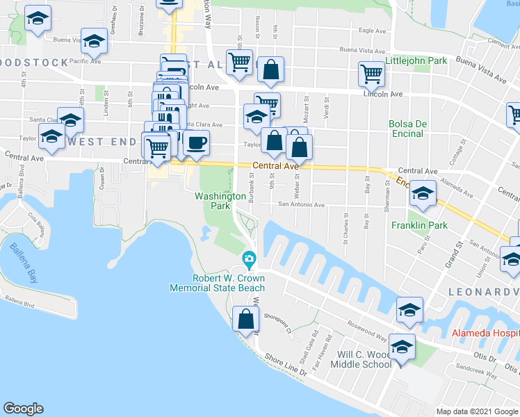 map of restaurants, bars, coffee shops, grocery stores, and more near 850 Portola Avenue in Alameda