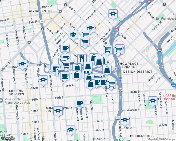 map of restaurants, bars, coffee shops, grocery stores, and more near in San Francisco