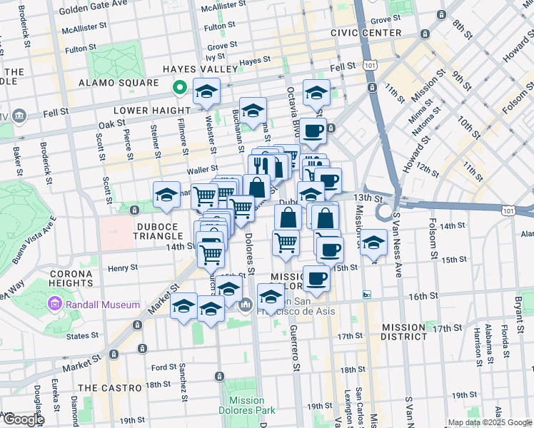 map of restaurants, bars, coffee shops, grocery stores, and more near 51 Rosemont Place in San Francisco