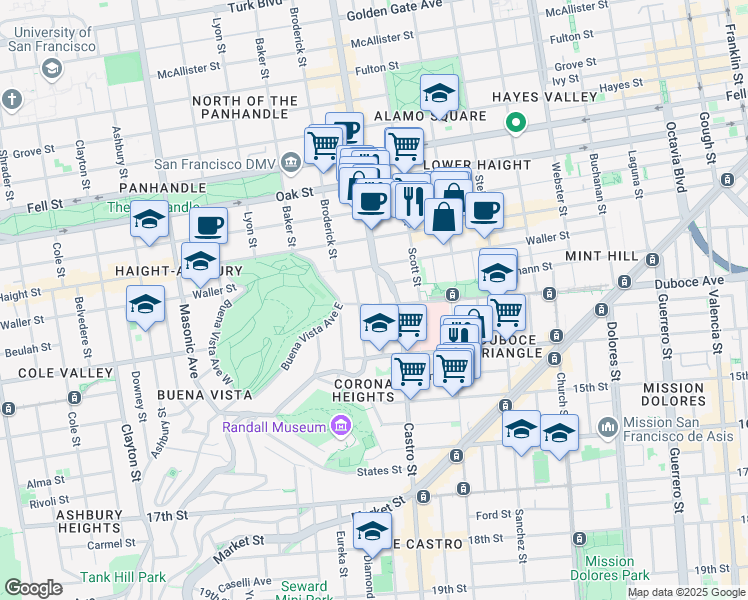 map of restaurants, bars, coffee shops, grocery stores, and more near 128 Alpine Terrace in San Francisco