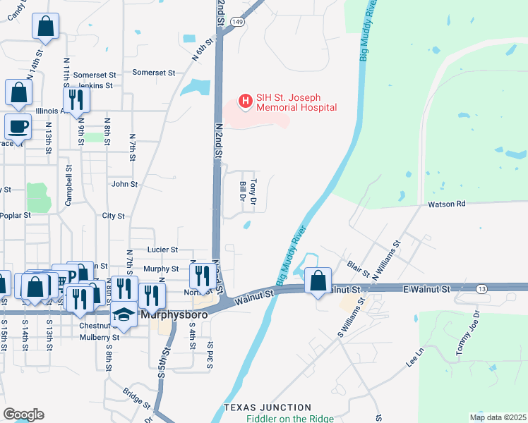 map of restaurants, bars, coffee shops, grocery stores, and more near 516 Stephen Drive in Murphysboro