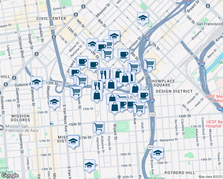 map of restaurants, bars, coffee shops, grocery stores, and more near 1300 Bryant Street in San Francisco