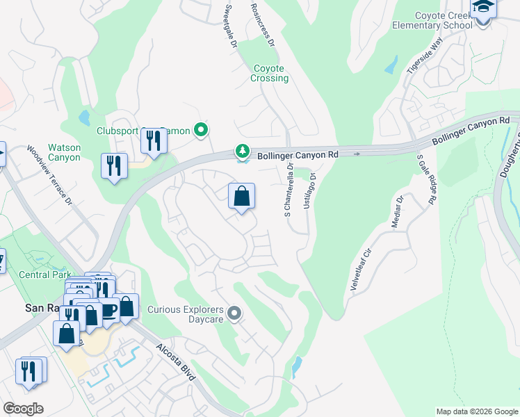 map of restaurants, bars, coffee shops, grocery stores, and more near 208 Eastridge Drive in San Ramon