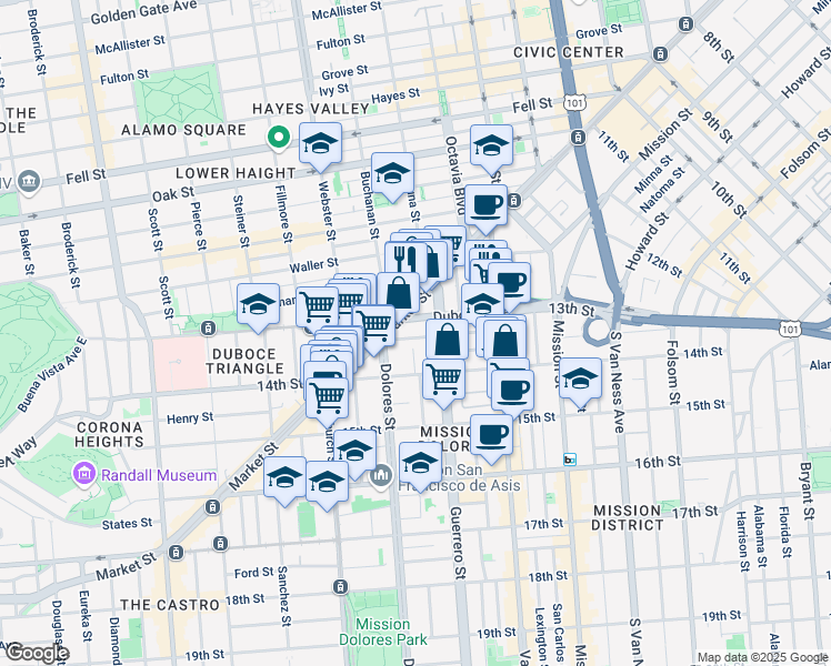 map of restaurants, bars, coffee shops, grocery stores, and more near 51 Rosemont Place in San Francisco
