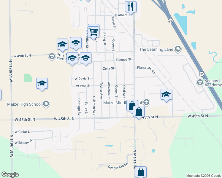 map of restaurants, bars, coffee shops, grocery stores, and more near 725 Atherton St in Maize
