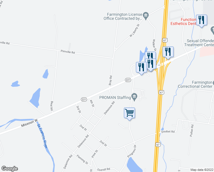 map of restaurants, bars, coffee shops, grocery stores, and more near 4099 Highway 221 in Farmington