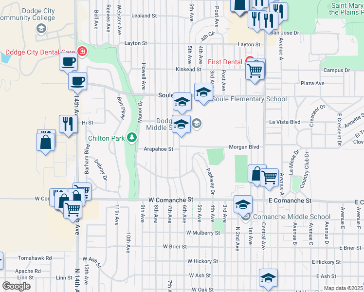 map of restaurants, bars, coffee shops, grocery stores, and more near 2000 6th Avenue in Dodge City