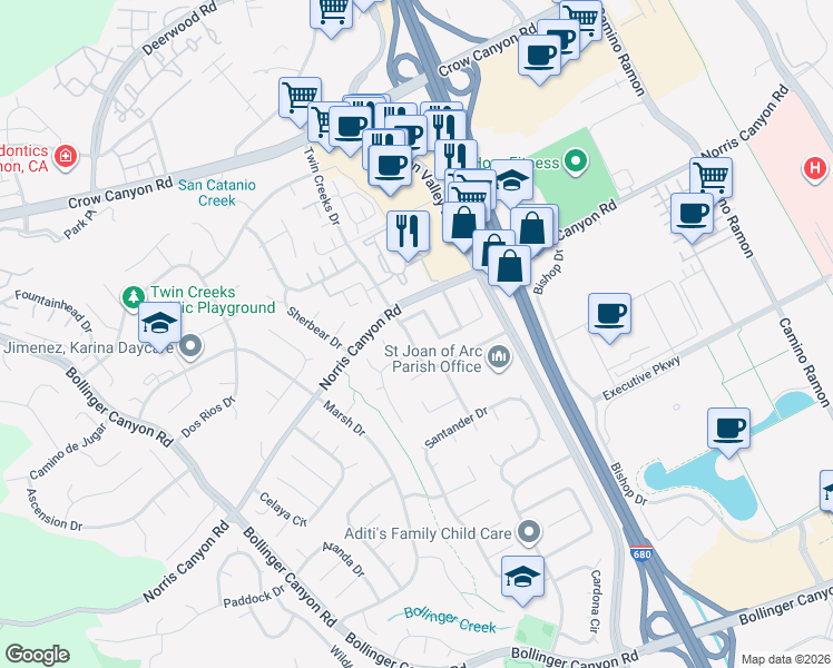 map of restaurants, bars, coffee shops, grocery stores, and more near 2689 Twin Creeks Drive in San Ramon