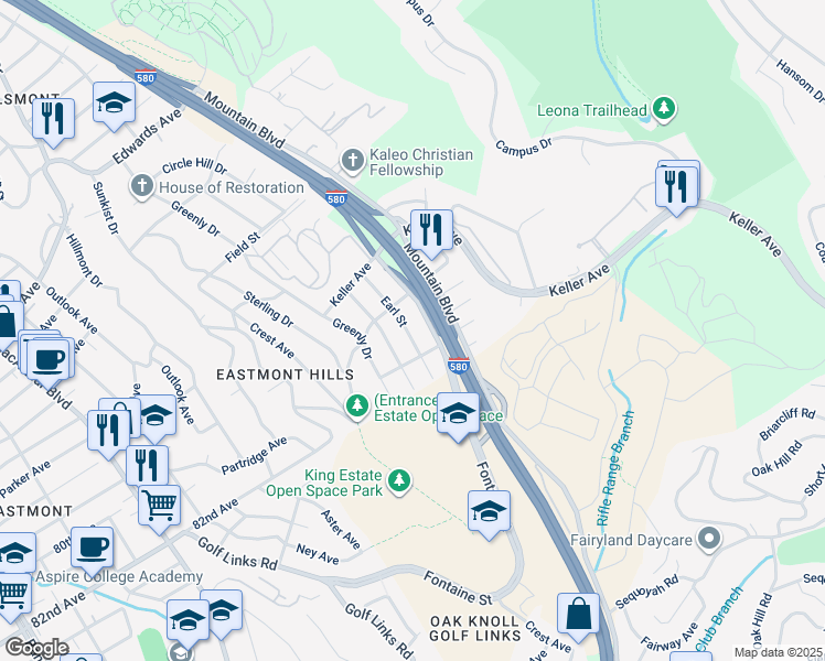 map of restaurants, bars, coffee shops, grocery stores, and more near 8048 Earl Street in Oakland