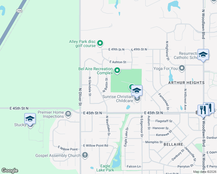 map of restaurants, bars, coffee shops, grocery stores, and more near 4740 North Battin Street in Bel Aire