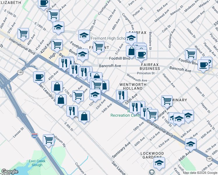 map of restaurants, bars, coffee shops, grocery stores, and more near 5210 California 185 in Oakland