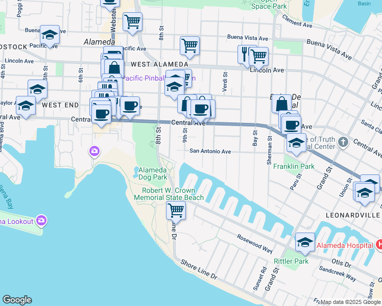map of restaurants, bars, coffee shops, grocery stores, and more near 908 San Antonio Avenue in Alameda