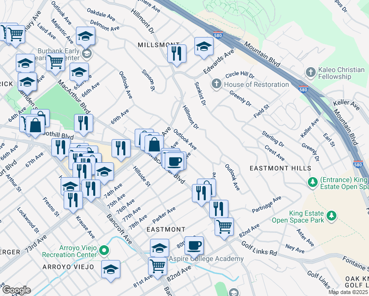 map of restaurants, bars, coffee shops, grocery stores, and more near 2956 75th Avenue in Oakland