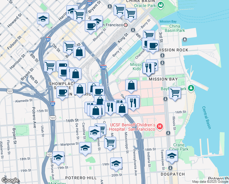 map of restaurants, bars, coffee shops, grocery stores, and more near 880 Mission Bay Drive in San Francisco