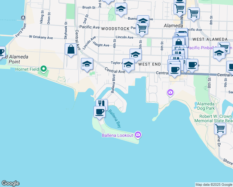 map of restaurants, bars, coffee shops, grocery stores, and more near 403 Cola Ballena in Alameda
