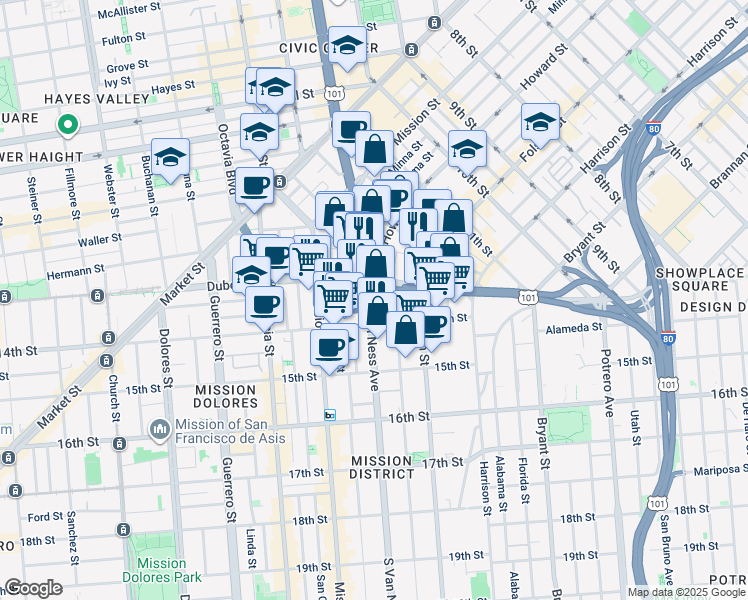 map of restaurants, bars, coffee shops, grocery stores, and more near 224 South Van Ness Avenue in San Francisco