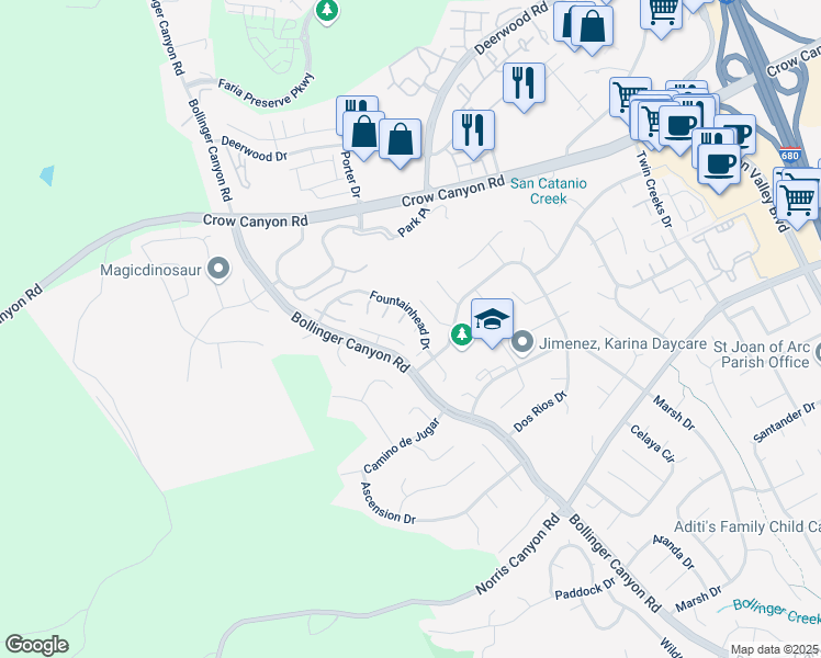 map of restaurants, bars, coffee shops, grocery stores, and more near 2877 Fountainhead Drive in San Ramon