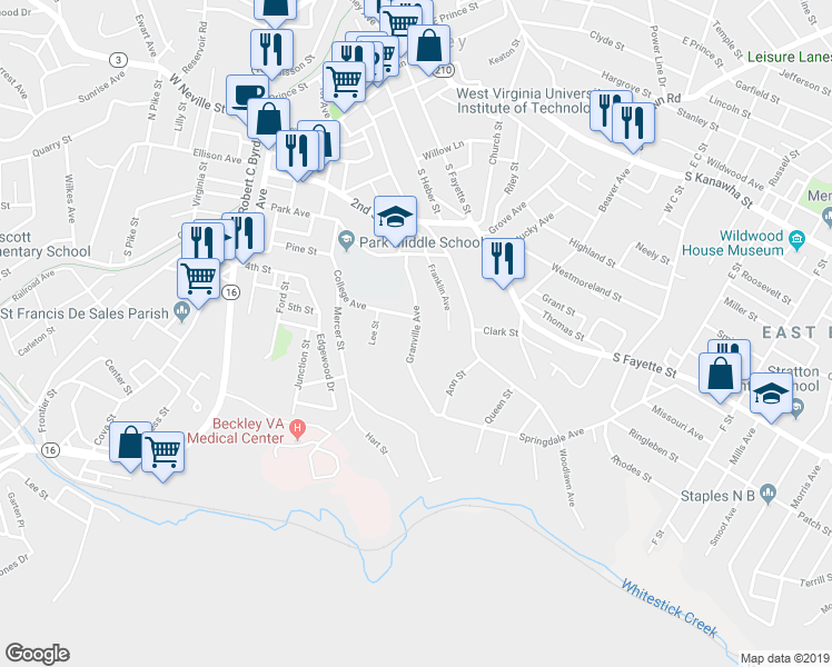 map of restaurants, bars, coffee shops, grocery stores, and more near 207 Granville Avenue in Beckley