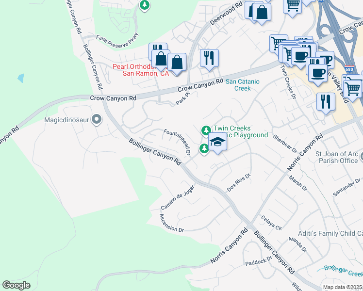 map of restaurants, bars, coffee shops, grocery stores, and more near 2877 Fountainhead Drive in San Ramon