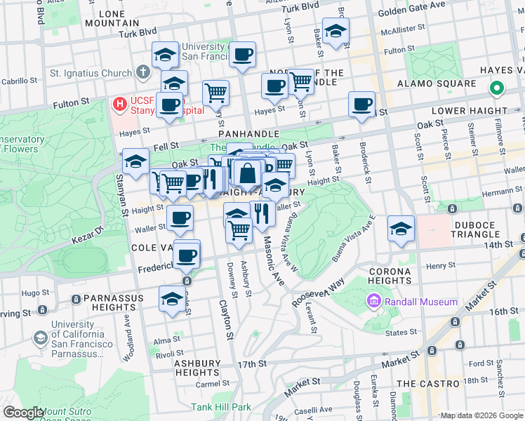 map of restaurants, bars, coffee shops, grocery stores, and more near Masonic Ave & Waller St in San Francisco