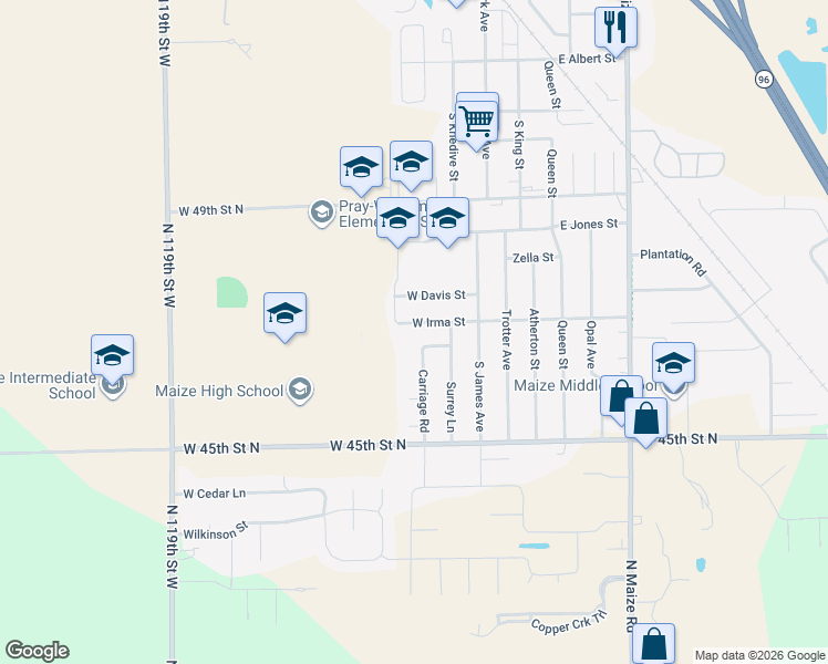 map of restaurants, bars, coffee shops, grocery stores, and more near 414 West Irma Street in Maize