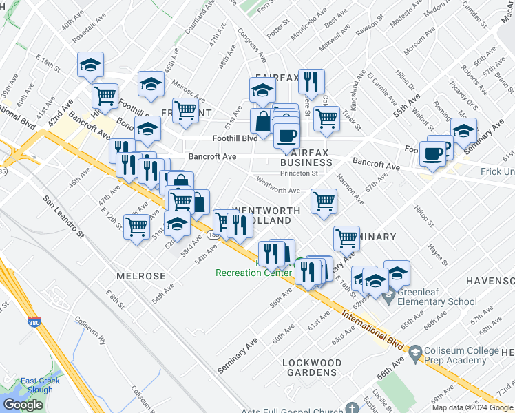 map of restaurants, bars, coffee shops, grocery stores, and more near 5454 Crittenden Street in Oakland
