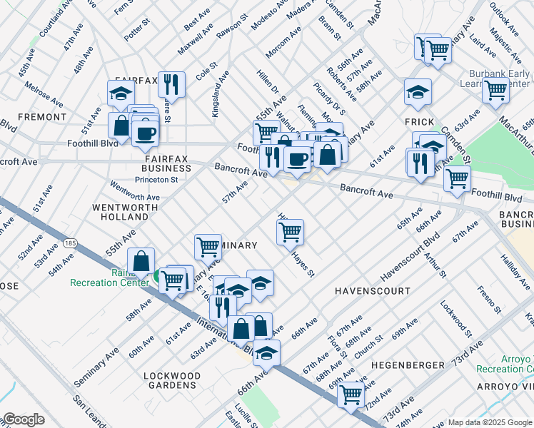 map of restaurants, bars, coffee shops, grocery stores, and more near 5847 Trask Street in Oakland