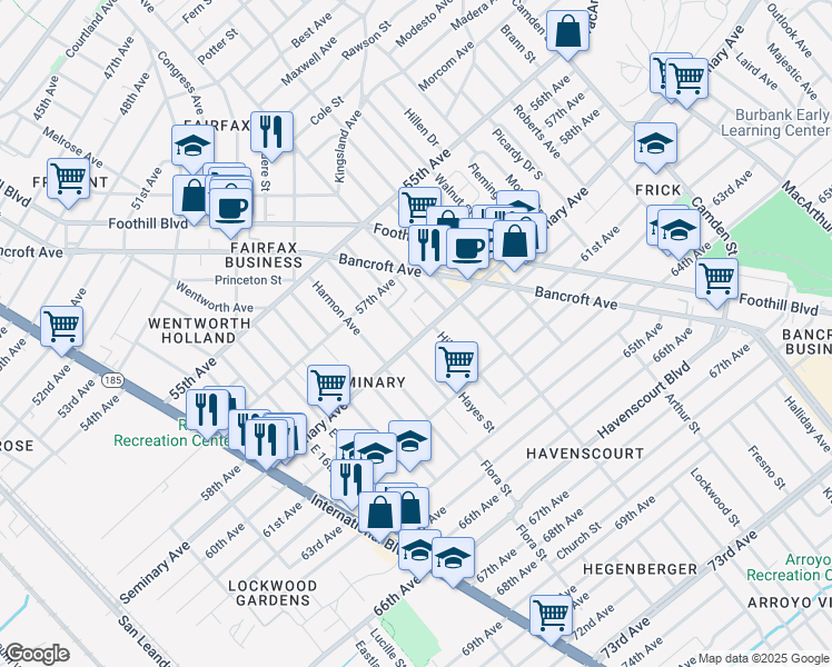 map of restaurants, bars, coffee shops, grocery stores, and more near 5730 Elizabeth Street in Oakland