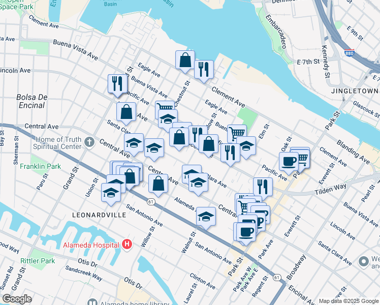 map of restaurants, bars, coffee shops, grocery stores, and more near 2104 Lincoln Avenue in Alameda