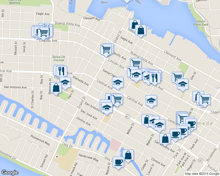 map of restaurants, bars, coffee shops, grocery stores, and more near 1420 Union Street in Alameda