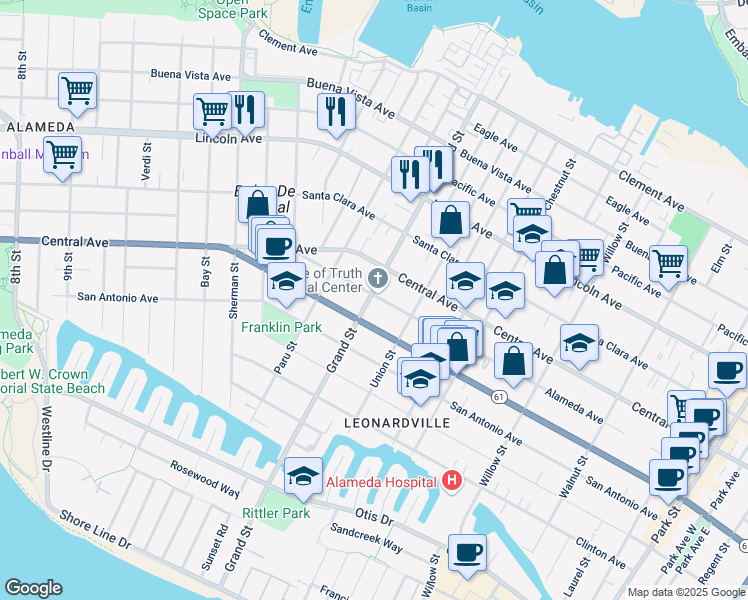 map of restaurants, bars, coffee shops, grocery stores, and more near 1315 Grand Street in Alameda