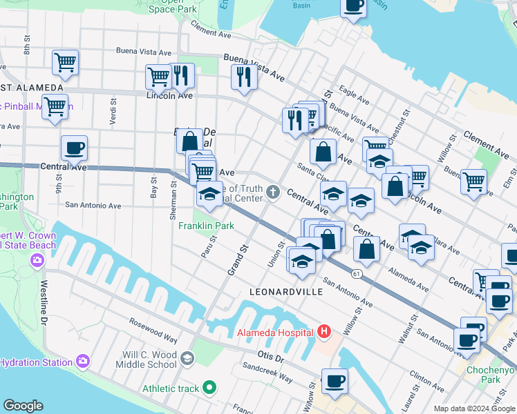 map of restaurants, bars, coffee shops, grocery stores, and more near 1315 Grand Street in Alameda