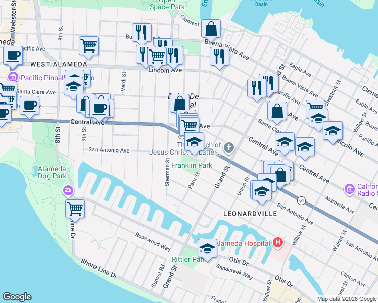 map of restaurants, bars, coffee shops, grocery stores, and more near in Alameda
