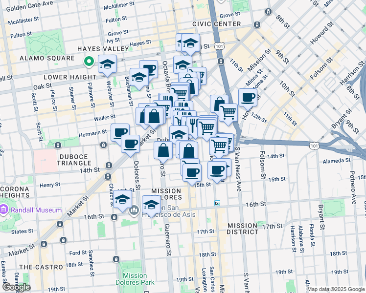map of restaurants, bars, coffee shops, grocery stores, and more near in San Francisco