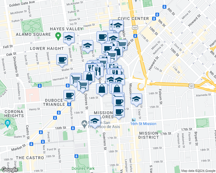 map of restaurants, bars, coffee shops, grocery stores, and more near in San Francisco