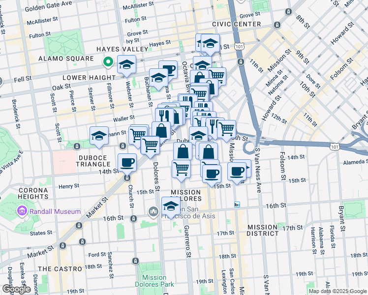 map of restaurants, bars, coffee shops, grocery stores, and more near in San Francisco