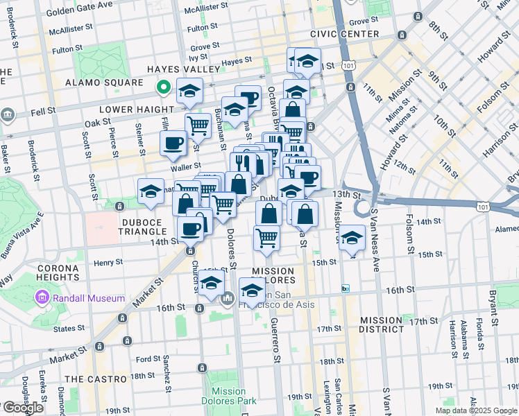 map of restaurants, bars, coffee shops, grocery stores, and more near in San Francisco