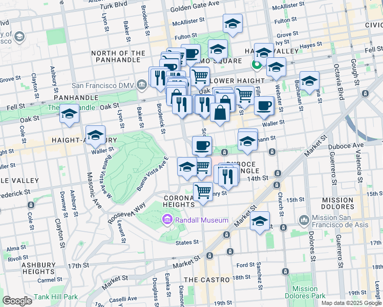 map of restaurants, bars, coffee shops, grocery stores, and more near 62 Lloyd Street in San Francisco