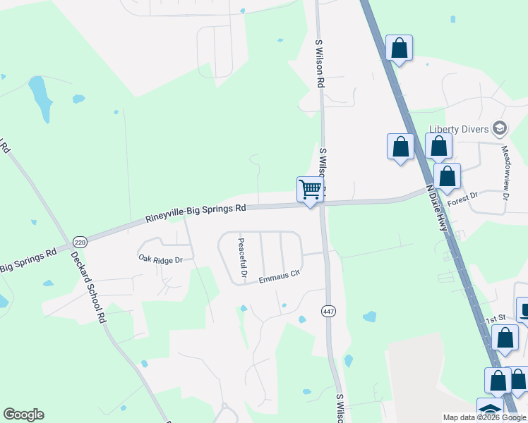map of restaurants, bars, coffee shops, grocery stores, and more near 54-266 Rineyville-Big Springs Road in Radcliff