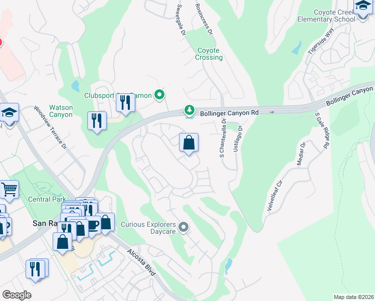 map of restaurants, bars, coffee shops, grocery stores, and more near 156 Victory Circle in San Ramon
