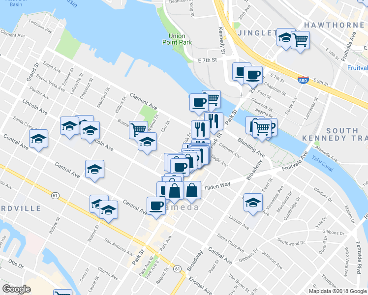 map of restaurants, bars, coffee shops, grocery stores, and more near 1812 Oak Street in Alameda