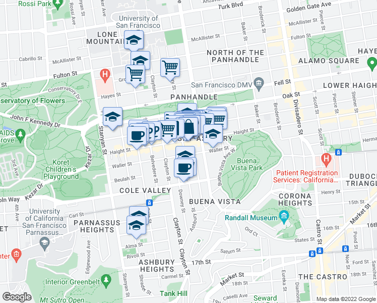 map of restaurants, bars, coffee shops, grocery stores, and more near 656 Ashbury Street in San Francisco
