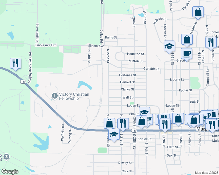 map of restaurants, bars, coffee shops, grocery stores, and more near 2142 Clarke Street in Murphysboro