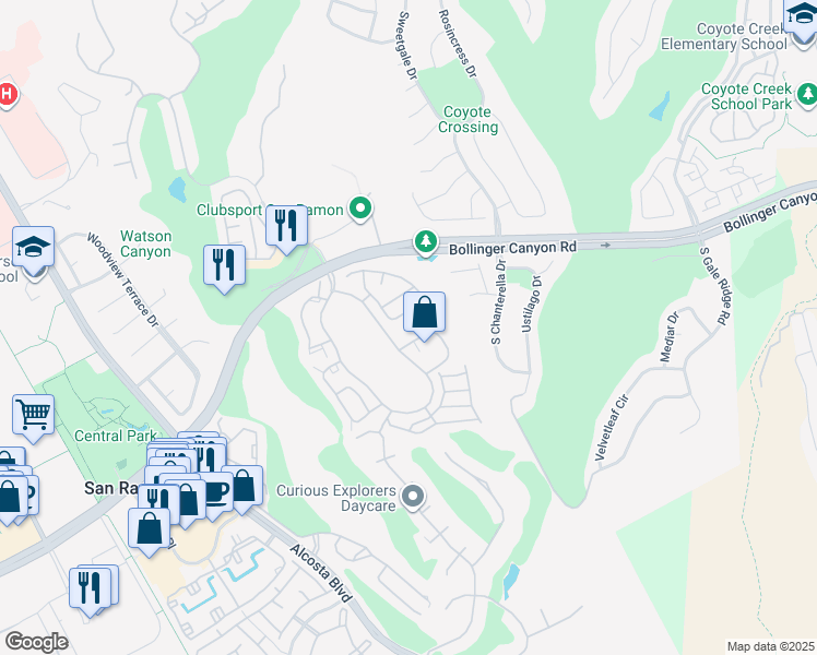map of restaurants, bars, coffee shops, grocery stores, and more near 360 Eastridge Drive in San Ramon