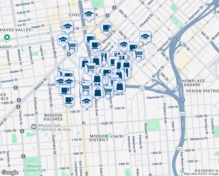 map of restaurants, bars, coffee shops, grocery stores, and more near 8 Erie Street in San Francisco