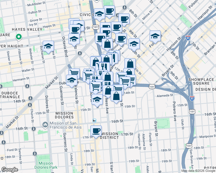 map of restaurants, bars, coffee shops, grocery stores, and more near 245 South Van Ness Avenue in San Francisco