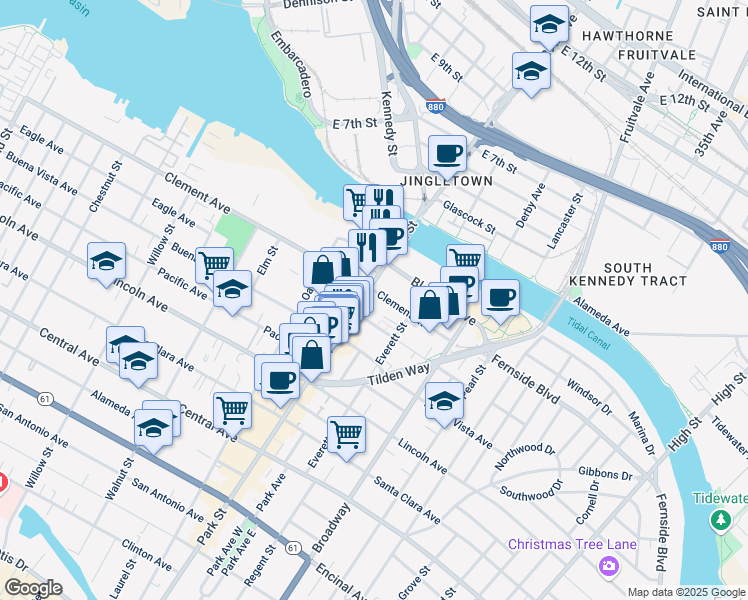map of restaurants, bars, coffee shops, grocery stores, and more near 1909 Park Street in Alameda