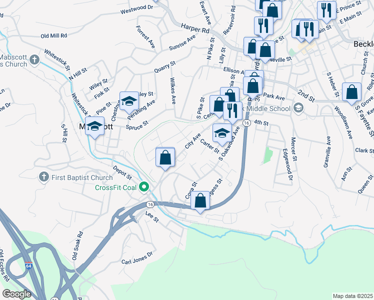 map of restaurants, bars, coffee shops, grocery stores, and more near 101 James Street in Beckley